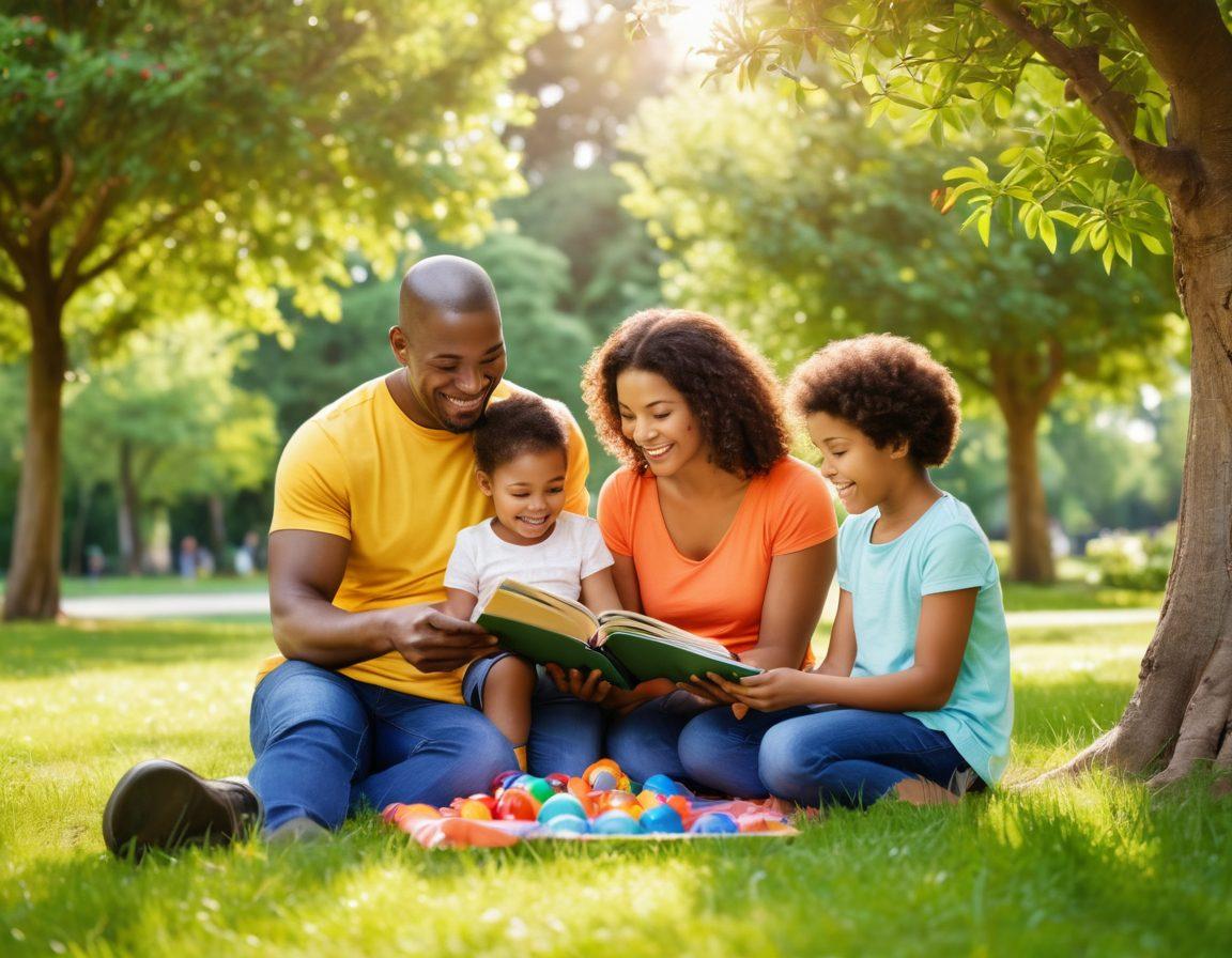 A heartwarming scene of a diverse family enjoying a sunny day at the park, highlighting a mother and father engaging their children in playful activities. The parents are reading a health guide while the kids play with colorful toys, surrounded by lush greenery and blooming flowers to symbolize growth and future. Emphasize a sense of safety and happiness, with soft sunlight filtering through the trees. super-realistic. vibrant colors. warm tones.