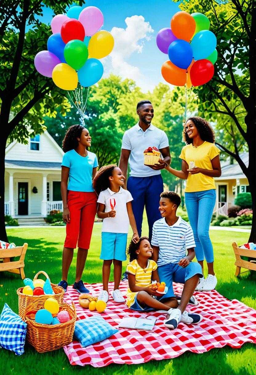 A vibrant illustration of a diverse family enjoying outdoor activities, showcasing their happiness and stability. Include playful children with colorful balloons and a picnic setup, surrounded by symbols of insurance, like a shield and a checklist. The scene should convey warmth, safety, and the idea of protection for families. bright colors. cheerful style.