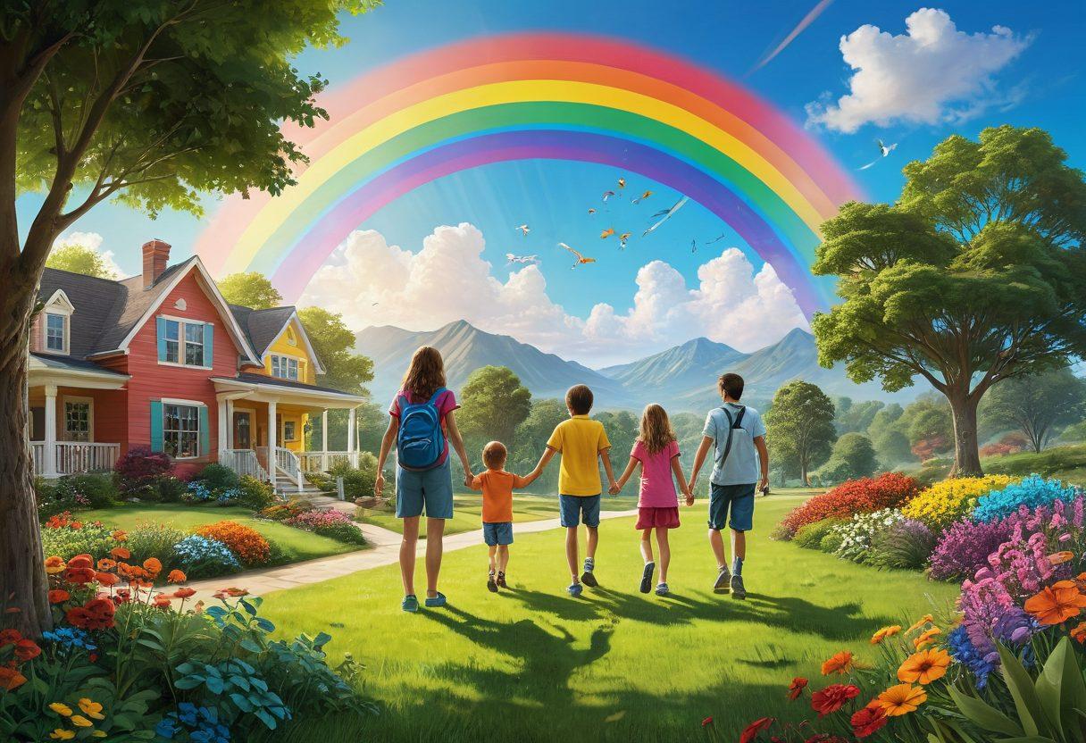 An illustration of a family happily exploring a lush, green landscape filled with playful, colorful children's toys and insurance documents scattered throughout. The parents are discussing and pointing towards a bright future symbolized by a shining sun and a rainbow in the sky. Include cheerful children playing nearby, conveying the joy and security of childhood. super-realistic. vibrant colors. warm tones.